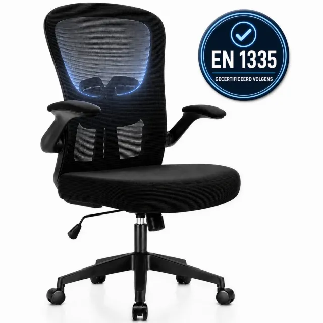 Durrafy Bureaustoel - Ergonomische bureaustoel tot 150 kg - Bureaustoelen voor Volwassenen - Getest volgens EN 1335 - Verstelbare Lendensteun - 90° Opklapbare Armleuningen - Dik Zitkussen - Zwart