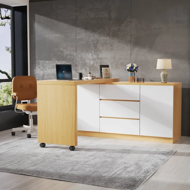 MEUNIQ vouwbureau 120 x 50 x 76,5 cm met 360° draaibaar tafelblad, 2 deuren, 3 lades en vergrendelbare wielen voor werkkamer, eiken en wit