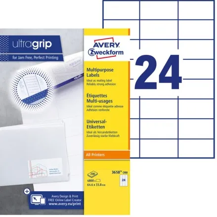 Avery Zweckform Etiket Avery 3658 64.6x33.8mm wit 4800 stuks