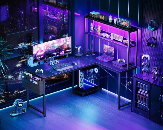 Ibenzoa Innovatief L-vormig bureau met LED-verlichting en geïntegreerde stroomvoorziening zwart