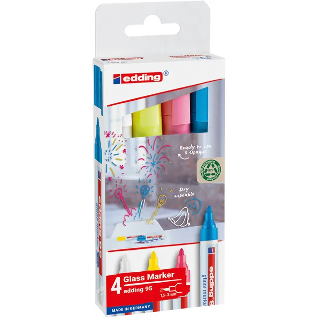 Edding Viltstift edding 95 glasbord rond 1.5-3mm inclusief wit assorti set à 4 stuks