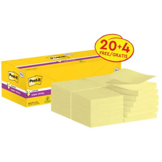 Post-it Super Sticky Z-notes, 90 vel, ft 76 x 76 mm, doos van 20 + 4 gratis, geel