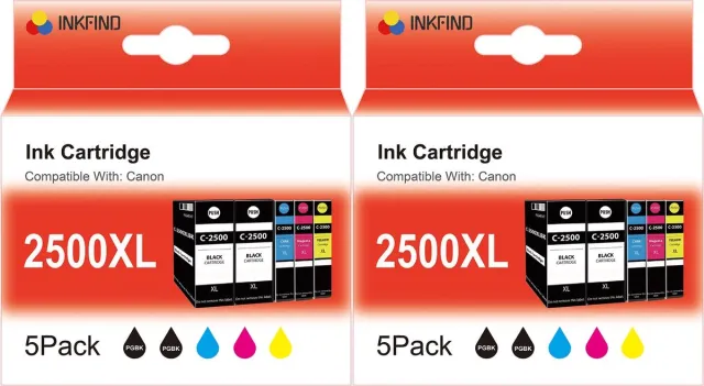INKFIND 2500XL inktcartridge voor Canon PGI2500 PGI-2500 2500XL inktcartridge multipack 10 stuks (2*5pack=Zwart x 4, Cyaan x 2, Magenta x 2, Geel x 2) voor Canon Maxify IB4050 IB4150 MB5050 MB5150 MB5155 MB5350 MB5450 MB5455
