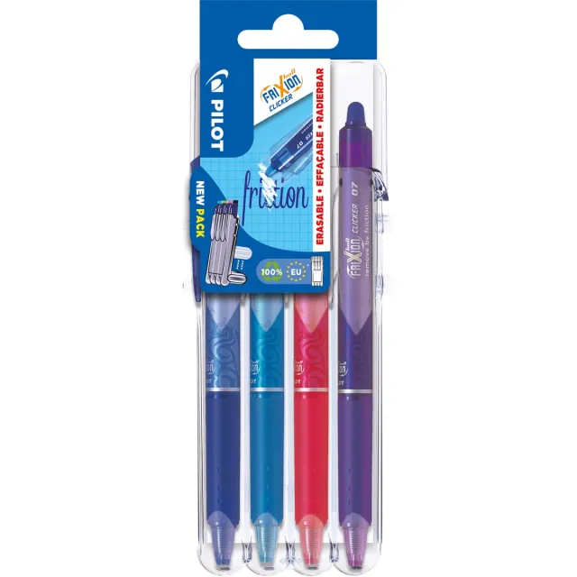 Pilot intrekbare roller FriXion Ball Clicker 2 Go, medium punt, 0,7 mm, blister met 4 stuks blauw