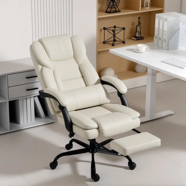 REDOM Bureaustoel - Kunstleer bekleding met hoge rugleuning en lendenkussen - Verstelbare rugleuning tot 140° - Met voetsteun en wielen - 360° draaibaar - Bureau - Beige - 65 x 67 x 119 cm