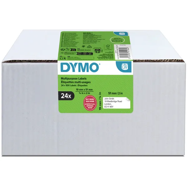 Dymo Etiket Dymo LabelWriter multifunctioneel 19x51mm 24 rollen á 500 stuks wit