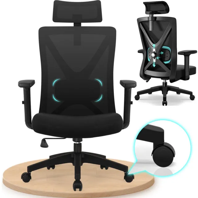 Fukstern Ergonomische Bureaustoel – Bureaustoelen voor Volwassenen – Verstelbare Armleuningen & Hoofdsteun – Zachte Lendensteun – 135° Kantelfunctie – Belastbaar tot 155 kg – Zwart Zwart-Nylon kruisvoet