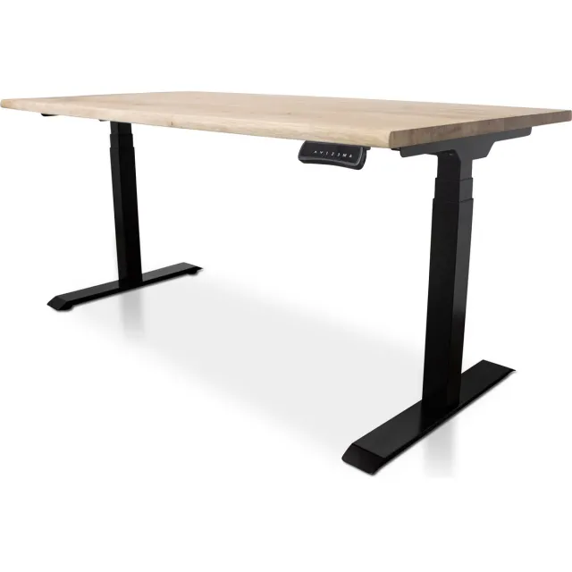 Multi Ratio Zit-sta bureau met massief eiken boomstam blad 120 x 80 cm - MRC PRO NEN-EN 527 - elektrisch verstelbaar - frame zwart - 130 cm hoog - 150KG draagvermogen