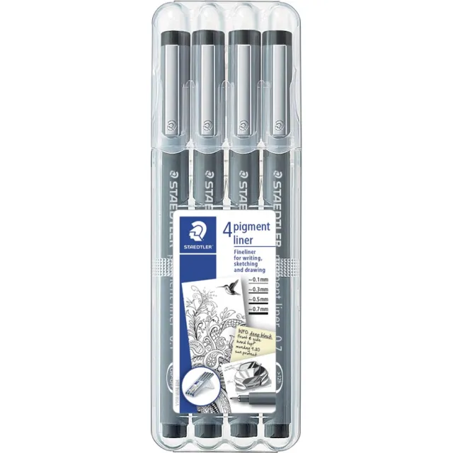 Staedtler fineliner Pigment Liner opstelbare box met 4 stuks (0,1 - 0,3 - 0,5 en 0,7 mm) zwart