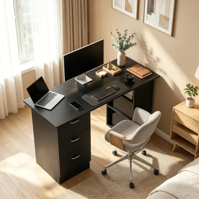 MODFU Computerbureau - 3 Lades En 3 Planken - MDF - Zwart - 120 X 49 X 72 Cm