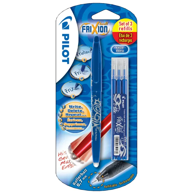Rollerpen PILOT friXion medium blauw blister à 1 stuk + 3 vullingen