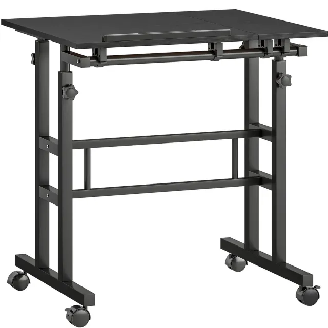 MUVANO Zit-stabureau op wielen - In hoogte verstelbaar - Kantelbaar blad voor laptop - Metalen frame - 70 x 60 cm - Zittend en staand werken - Thuiskantoor zwart