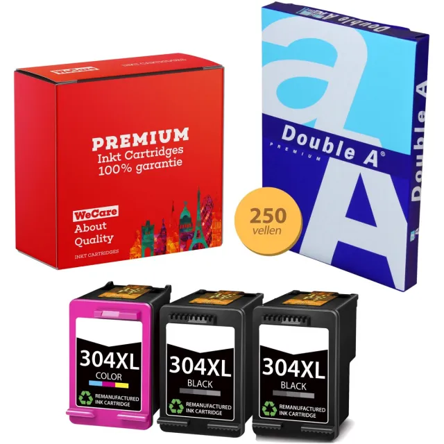 WeCare 3-pack Geschikt voor HP 304XL Inktcartridges + pak papier - Geschikt voor DeskJet 2620 - 2630 - 3720 - 3750 - 3760 - 3762 - 3764 - Envy 5010 - 5020 - 5030 - 3JB05AE Multipack 2x Zwart + Kleur