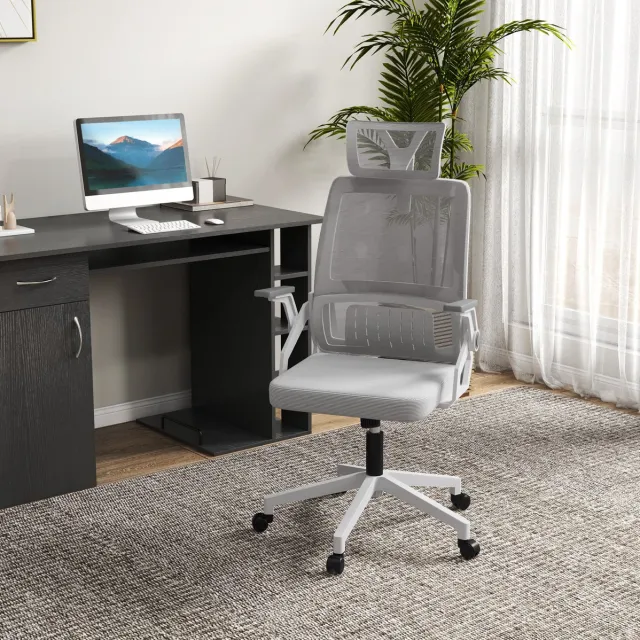 MEUNIQ ergonomische bureaustoel 58 x 61 x 102-119 cm met hoofdsteun, armleuningen, lendensteun, mesh rugleuning en wipfunctie, draaistoel voor werkkamer in grijs Gray