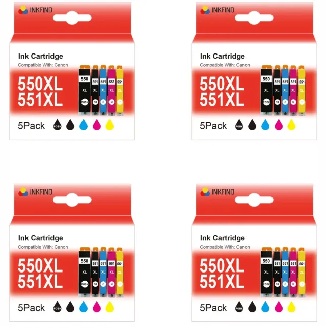 INKFIND 550XL 551XL inktcartridge voor Canon PGI550XL CLI551XL PGI-550XL CLI-551XL inktcartridge multipack 20 stuks (4*5pack=Zwart x 4, foto Zwart x 4, Cyaan x 4, Magenta x 4, Geel x 4) voor Canon Pixma IP7250 IP8750 IX6850 MG5450 MG5550 MG5600 MG56