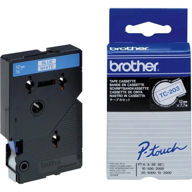Brother TC-203 - 12mm - blue on white for PT-8E/ PT-2000 / PT-3000 / PT-5000 Wit