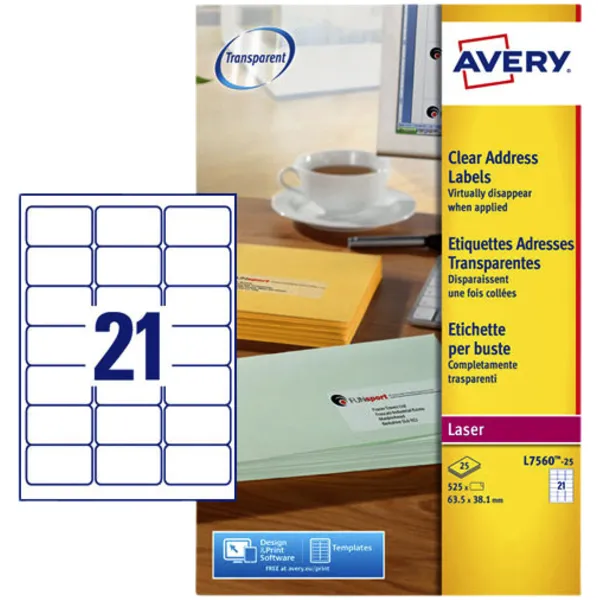 Avery Etiket Avery L7560-25 63.5x38.1mm transparant 525 stuks
