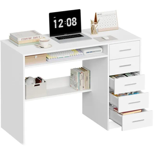 HILINSIE Computertafel met 5 laden, bureau-bureau, moderne tafel met legplank, voor werkkamer, kantoor, slaapkamer, 50 x 108 x 75 cm, wit