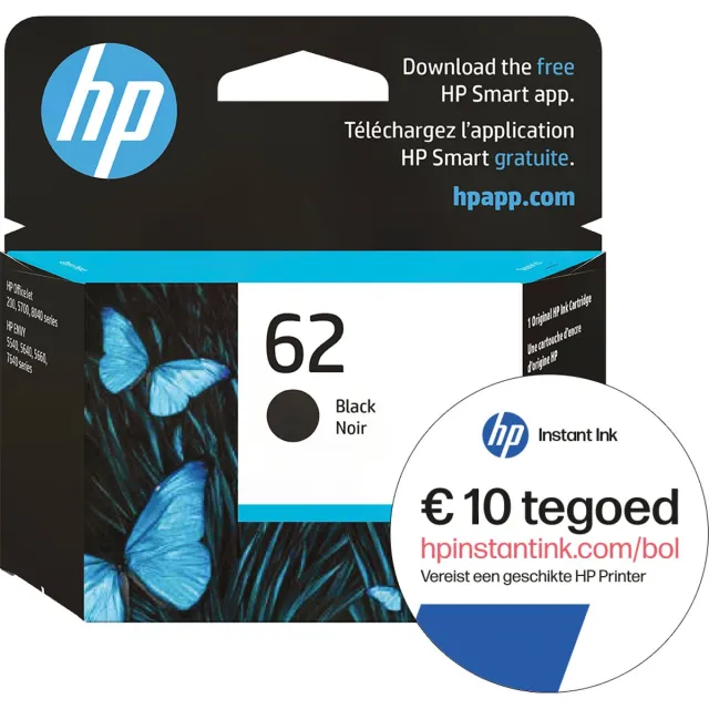 Hp 62 - Inktcartridge - Origineel - Standaard capaciteit - Zwart + Instant Ink tegoed