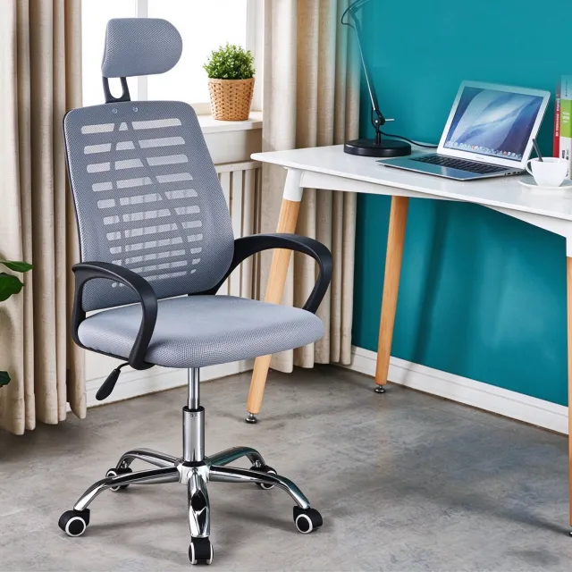 learnlogic Ergonomische bureaustoel met hoofdsteun in hoogte verstelbaar grijs met zwenkwielen afmetingen 47x47x116 cm geschikt voor langdurig zitten ter voorkoming van rugklachten