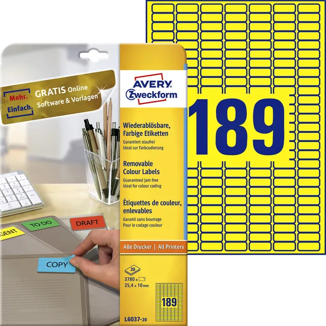Avery Zweckform Etiket Avery L6037-20 25.4x10mm geel 3780 stuks