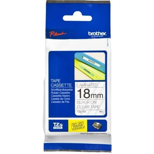 Labeltape brother p-touch tze-141 standaard 18mm Zwart op transparant