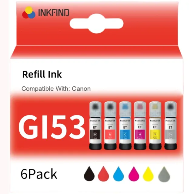 INKFIND GI53 inkt geschikt voor CanonGI53 CanonGI-53 Canon GI53 Canon GI-53 Megatank 6-kleuren multipack voor Canon Pixma G550 G650 G750 G850 G950 G1050 Zwart, Cyaan, Magenta, Geel, Rood, Grijs,
