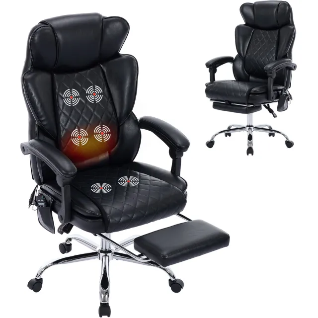 COLAMY Massagestoel bureaustoel met verwarming en 6 vibratiepunten, luxe computerstoel met voetsteun, 90-125° verstelbare hoge rugleuning voor comfortabel thuiswerken,zwart