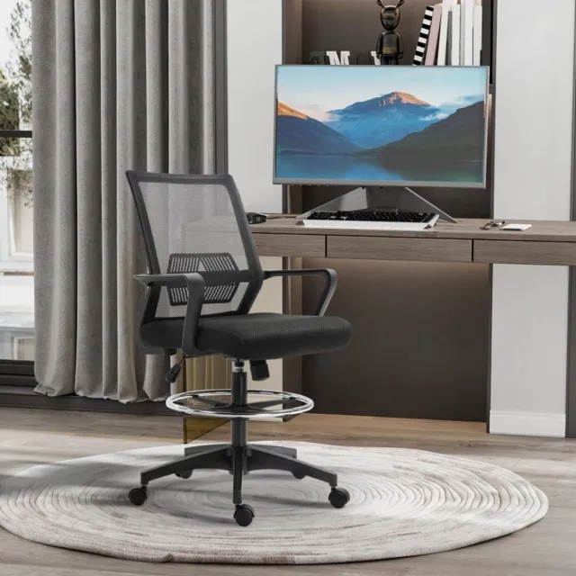 DESMIU Bureaustoel 64 x 59 x 104-124 Cm - Ergonomisch Met Verstelbare Voetring, Wipfunctie En Netrug - Voor Kantoor En Thuiswerkplek - Kunststof Zwart