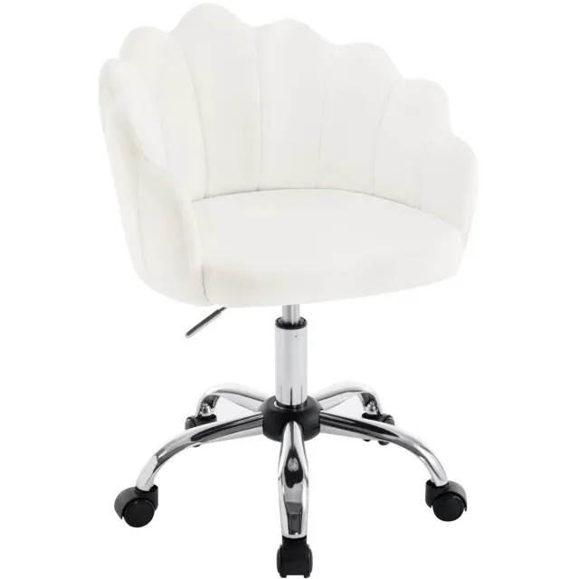 Whoopr® Fluwelen Draaibare Bureaustoel – Ergonomische Schelpstoel met Bloemblaadjes Rugleuning – In Hoogte Verstelbaar – Stoel met Wielen – Luxe Kapstoel - Wit Wit/Creme