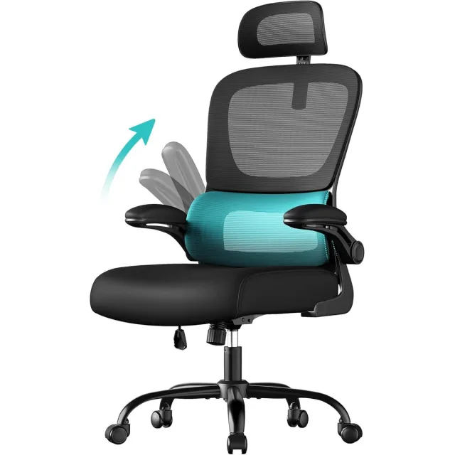 FurnStar Ergonomische Bureaustoel – Netstoel met Dubbellaags Mesh – Verstelbare Hoofdsteun & Adaptieve Lendensteun – Ademend – Inktzwart