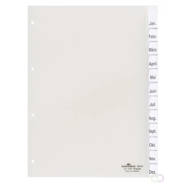 Durable Tabbladen A4 12-delig gelaste tabs 1-12 voorblad perforatie 80x80x80 mm