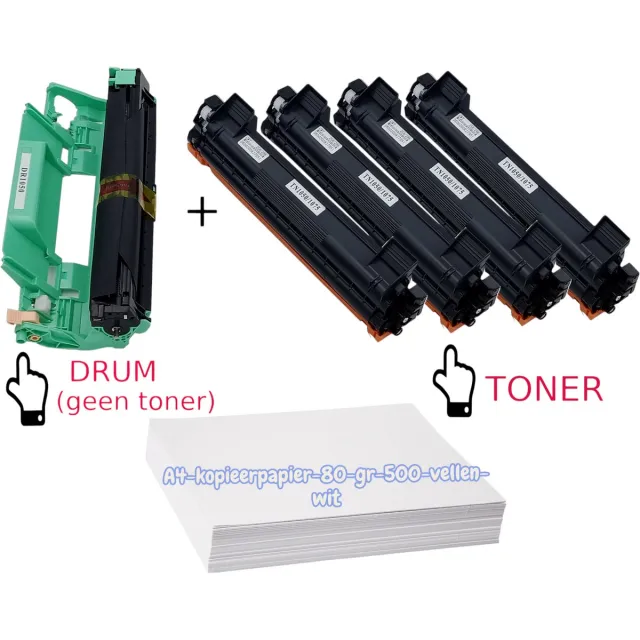KATRIZ Huismerk Drum DR1050 + 4x Toner TN1050/TN1075+ Kopieerpapier-A4-80GR-500vellen-wit| Geschikt voor Brother DCP-1610W, HL-1110, MFC-1910W e.a. – Hoge Capaciteit – Alternatief voor originele cartridges Zwart