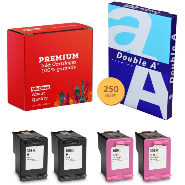 WeCare 4-pack Geschikt voor HP 305XL Inktcartridges + pak papier - Geschikt voor Deskjet 2710 - Envy 6010 - 6020 - 6030 - Envy Pro 6430 Multipack 2x Zwart + 2x Kleur