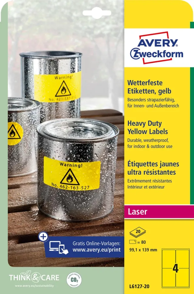 Avery Zweckform Avery weerbestendige etiketten, ft 99,1 x 139 mm, geel, pak van 80 etiketten