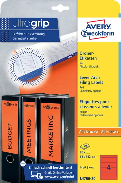 Avery Zweckform Rugetiket Avery breed 61x192mm zelfklevend rood