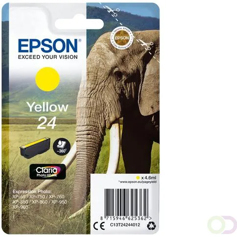 Epson Elephant Singlepack Yellow 24 Claria Photo HD Ink (C13T24244012) Geel