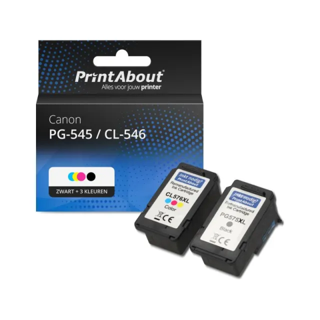 PrintAbout huismerk Inktcartridge PG-545 / CL-546 Zwart + 3 kleuren Multipack Geschikt voor Canon