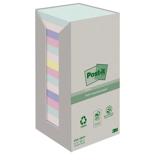 Post-it recycled notes Nature, 100 vel, ft 76 x 76 mm, pak van 16 blokken, geassorteerde kleuren blauw