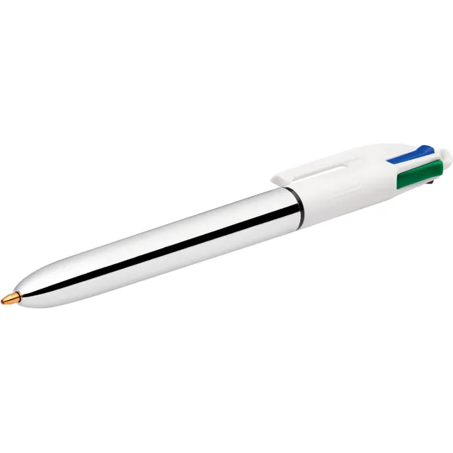 Bic Colours Shine 4-kleurenbalpen, medium, klassieke inktkleuren, lichaam zilver blauw
