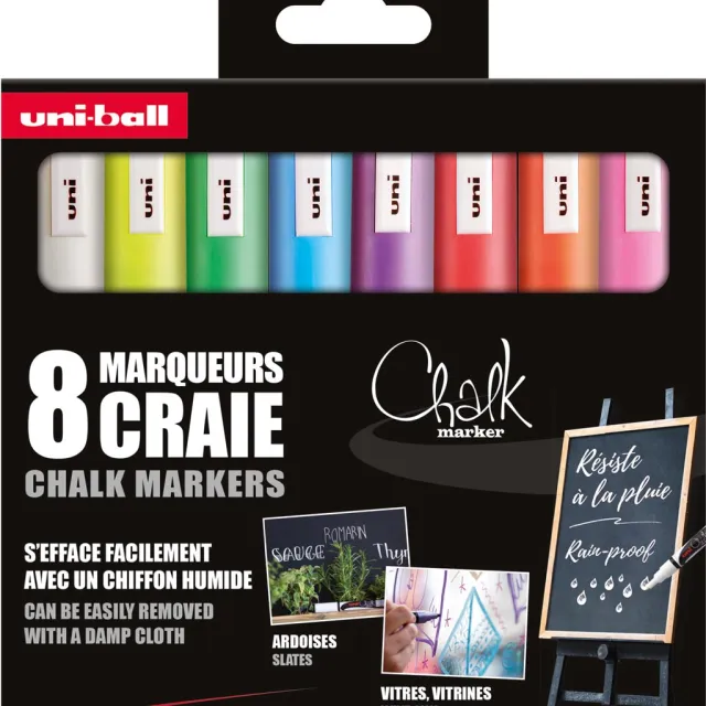 Uni-ball krijtmarker, ronde punt 1,8 - 2,5 mm, etui van 8 stuks, assorti blauw