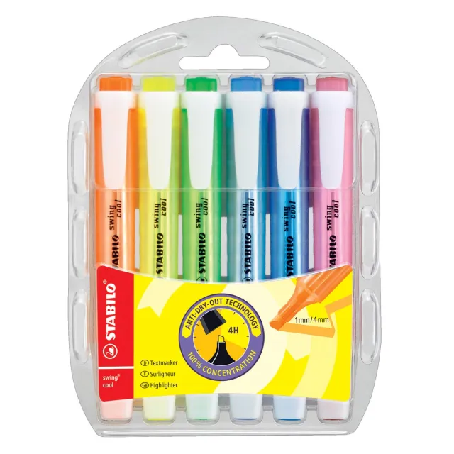 Stabilo markeerstift Swing Cool, blister van 6 stuks in geassorteerde kleuren blauw