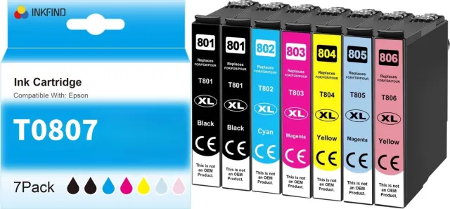 INKFIND T0807 inktcartridge multipack 7 stuks voor Epson80XL Epson T0801 T0802 T0803 T0804 T0805 T0806 geschikt voor Stylus Photo R265 R360 R285 RX585 RX685 P50 Stylus PX700W PX710W PPX800 FW PX810 multipack 7 stuks (Zwart x 2, Kleur x 5) -7-pack Zwart x 2, Cyaan x 1, Magenta x 1, Geel x 1, Licht Cyaan x 1, Licht Magenta x 1