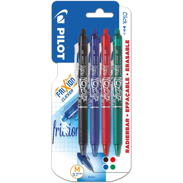 Pilot intrekbare roller FriXion Ball Clicker, medium punt, 0,7 mm, blister met 4 stuks blauw