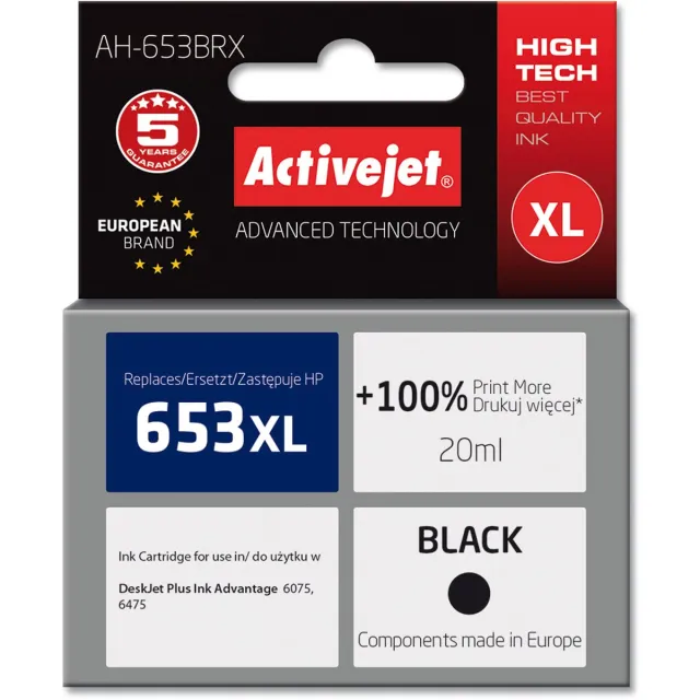 ActiveJet AH-653BRX inkt voor HP printers; Vervanging HP 653XL 3YM75AE; Premium; 720 pagina's; zwart