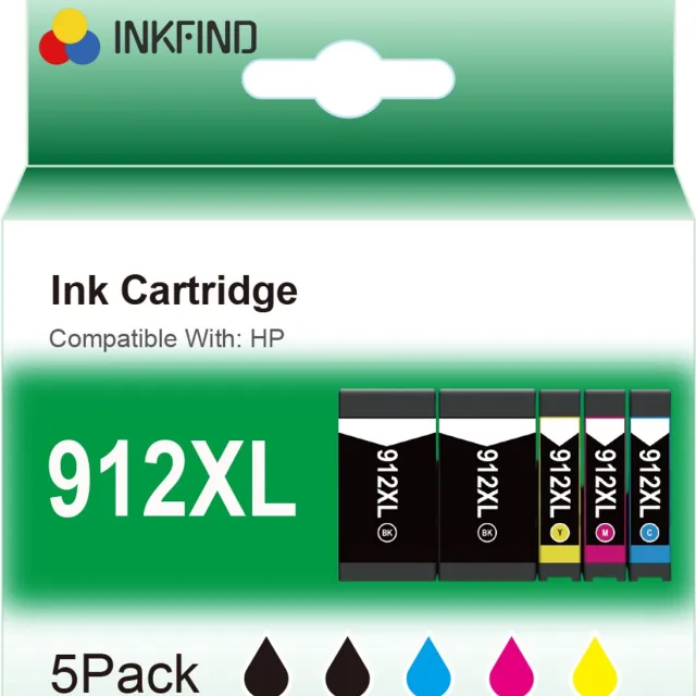 INKFIND 912XL inktcartridge voor HP912 HP 912 HP912XL HP 912XL 3YL84AE 3YL81AE 3YL82AE 3YL83AE inktcartridge multipack 3YP34AE 5 stuks (2 x Zwart, 1 x Cyaan, 1 x Magenta, 1 x Geel) voor HP OfficeJet Pro 8010 8012 8014 8015 8020 8022 8023 8024 8025 Zwart x 2, CYAAN x 1, MAGENTA x 1, GEEL x 1