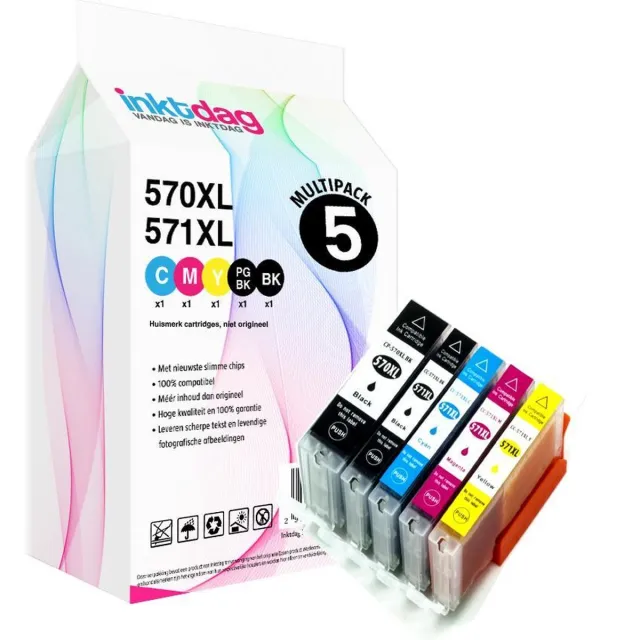 inktdag inktcartridges voor Canon PGI-570XL / CLI-571XL, Canon 570/571 cartridge van 5 stuks voor Pixma MG5700, MG5750, MG5751, MG5752, MG5753, MG6800, MG6850, MG6851, MG6852, MG6853, MG7750, MG7751, TS5050, TS5051, TS5053, TS5055, TS6050, TS8050 zwart