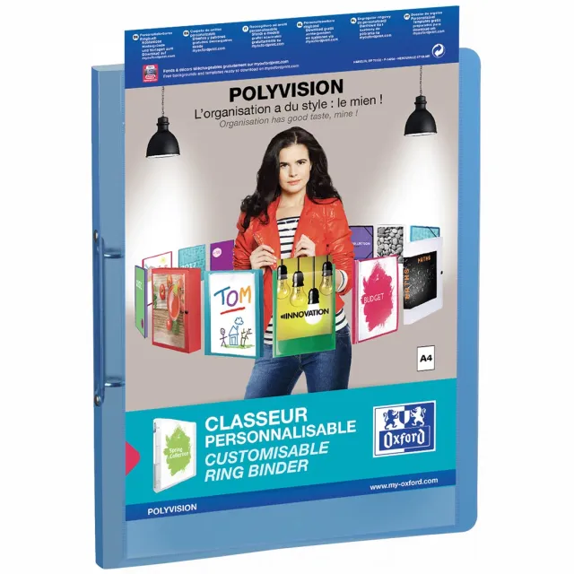Oxford Polyvision personaliseerbare ringmap, formaat A4, uit PP, rug van 3 cm, 2 ringen, blauw