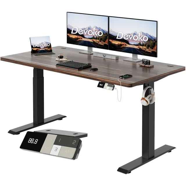 Devoko Elektrisch Zit-Sta Bureau 160x80 cm - Elektrisch Verstelbaar Bureau - In Hoogte Verstelbaar 63-128 cm - 25 mm FSC Tafelblad - Dubbele Motor - 125 kg - Walnoot/Zwart Bruin