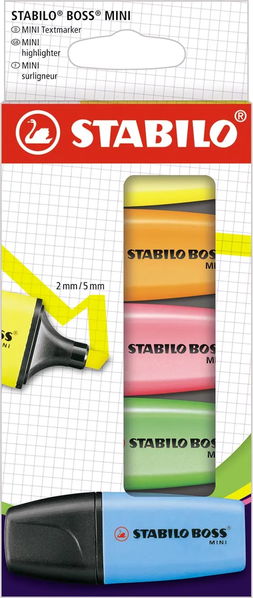 Stabilo BOSS MINI markeerstift, etui van 5 stuks, assorti blauw